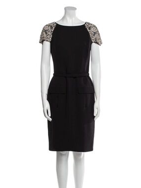 Oscar de la Renta Black Midi Dress with Beaded Shoulders